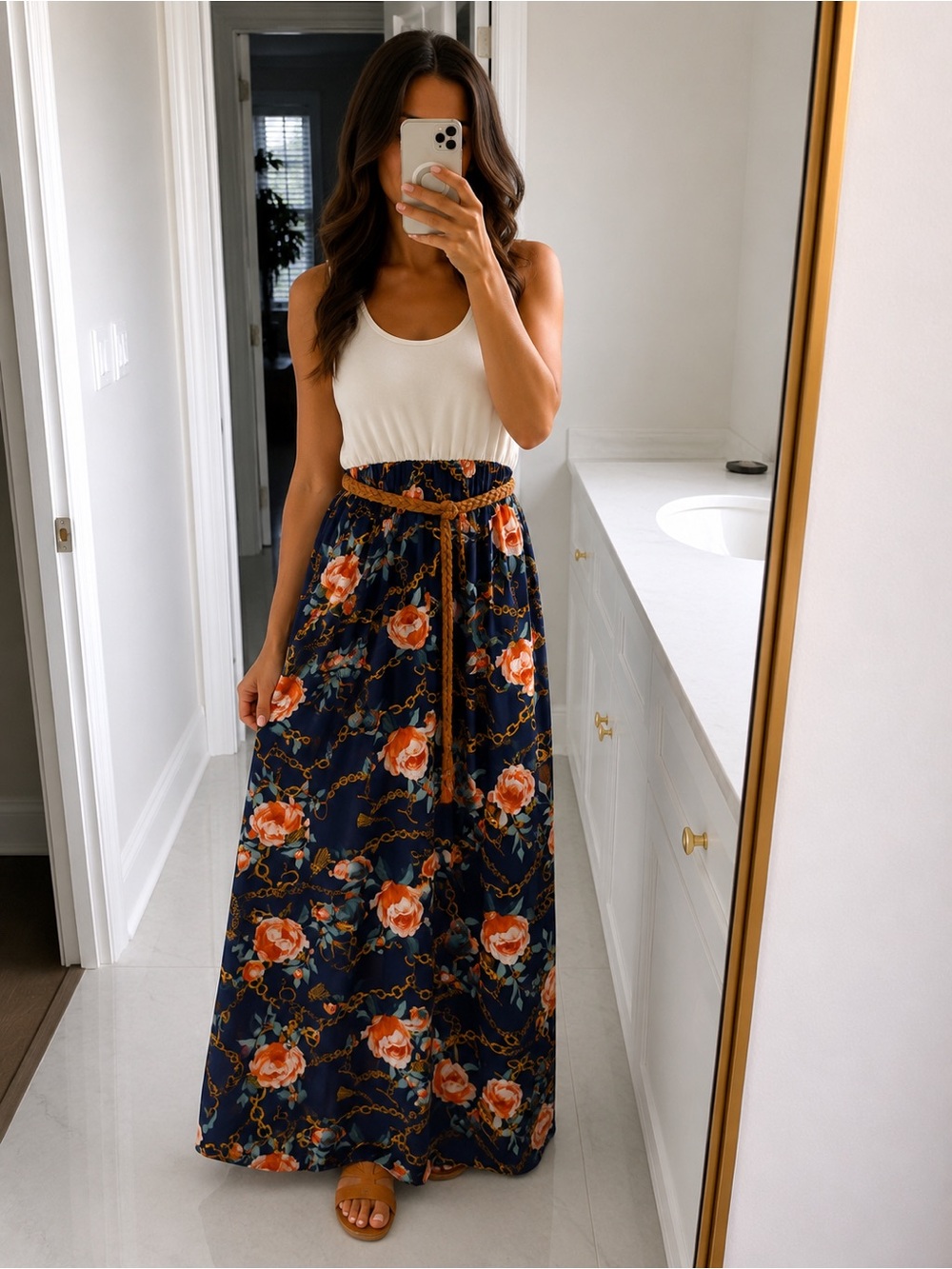 Navy Floral Maxi Skirt with Rope Waist